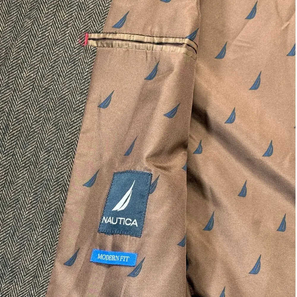 Nautica Men's Modern-Fit Solid Herringbone Tweed Sport Coat Brown 44L $295